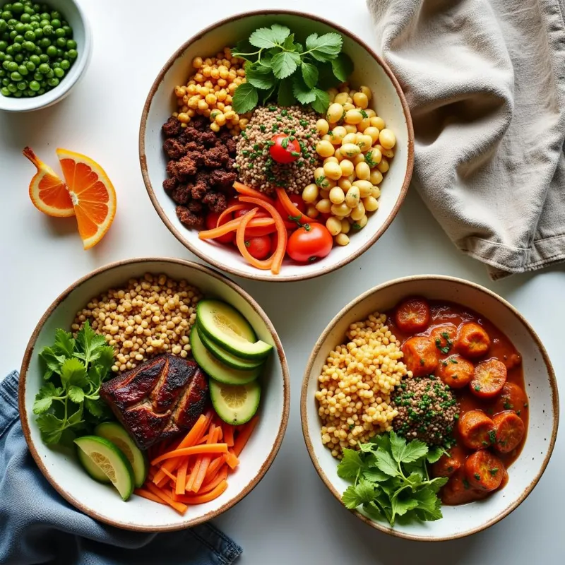 Variety of vegan bowls: Mediterranean, Korean BBQ, and Indian Curry.