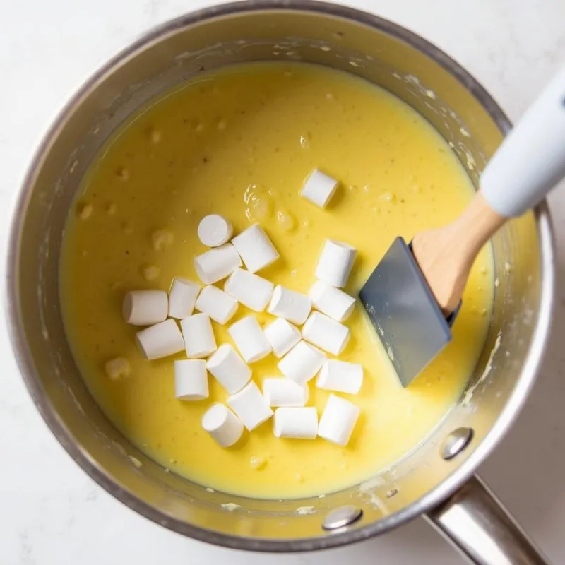 Melting vegan marshmallows in a saucepan with vegan butter.