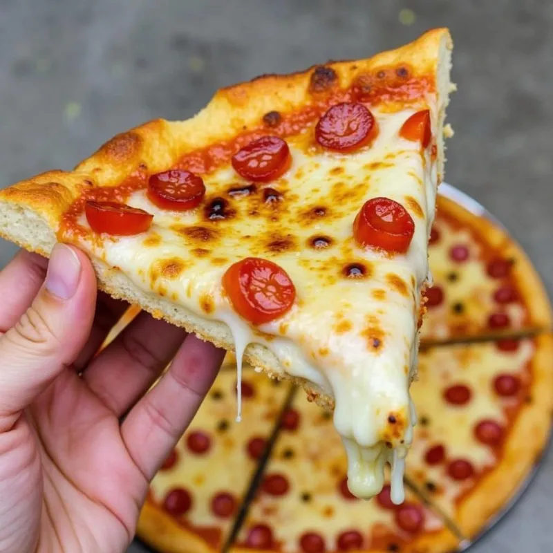 Vegan pizza slice being held up at Mikey's Late Night Slice