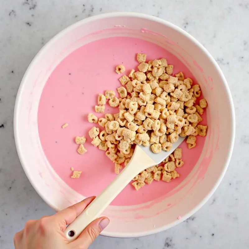 Folding crispy rice cereal into the melted marshmallow mixture with a spatula.