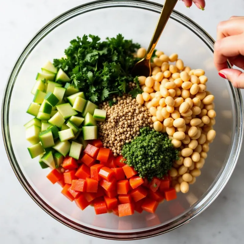 Mixing Garbanzo Bean Salad Ingredients