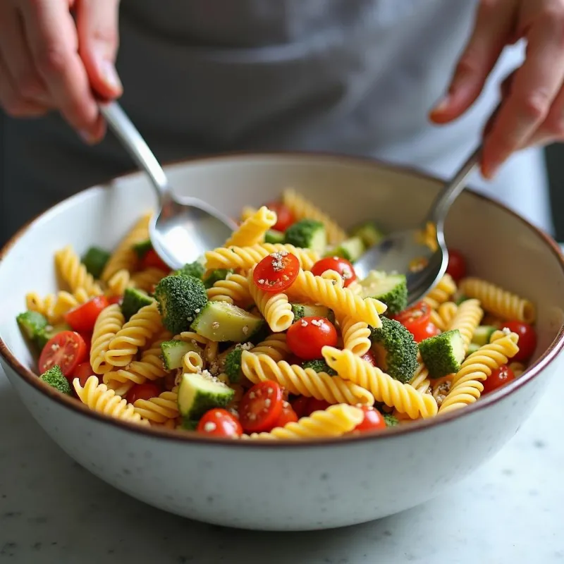  Gently mixing the ingredients of a vegan cold pasta salad in a large bowl.