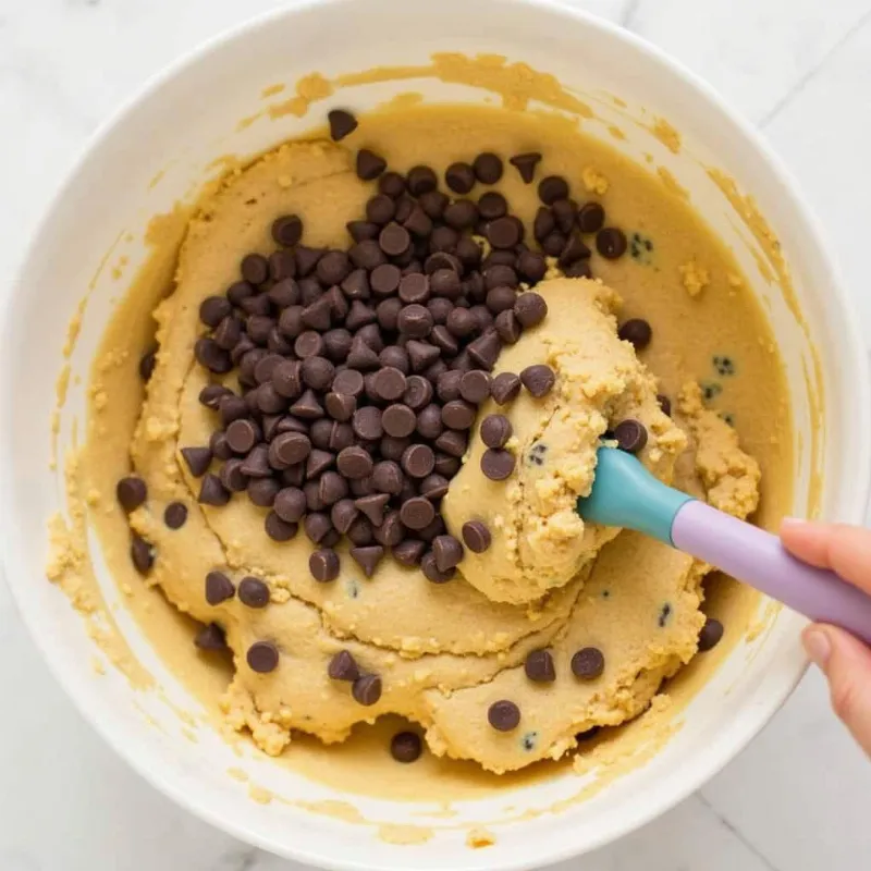 Mixing vegan cookie dough in a bowl with chocolate chips