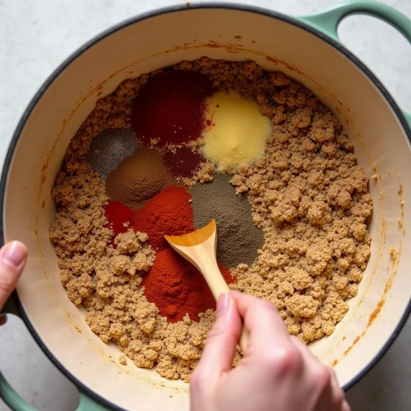  Hands mixing the vegan corned beef ingredients in a bowl.