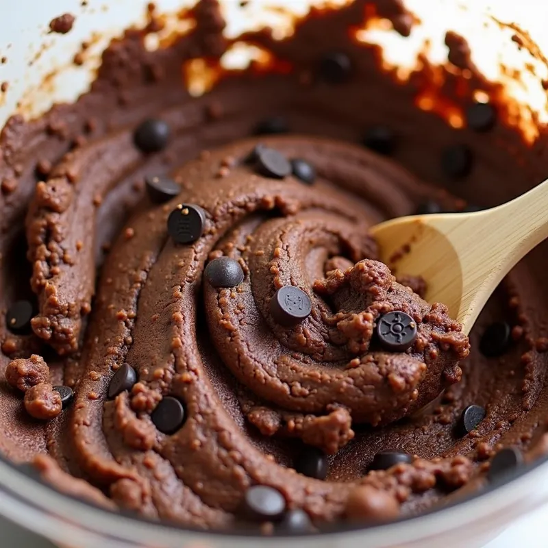 A bowl of vegan double chocolate cookie dough being mixed together