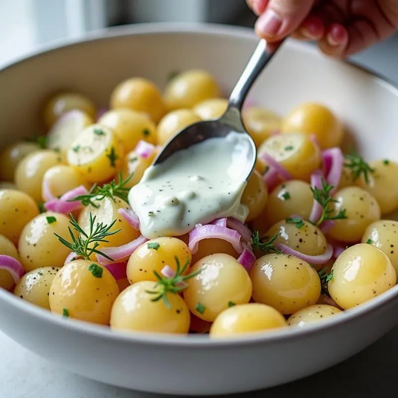 Mixing vegan German potato salad in a bowl