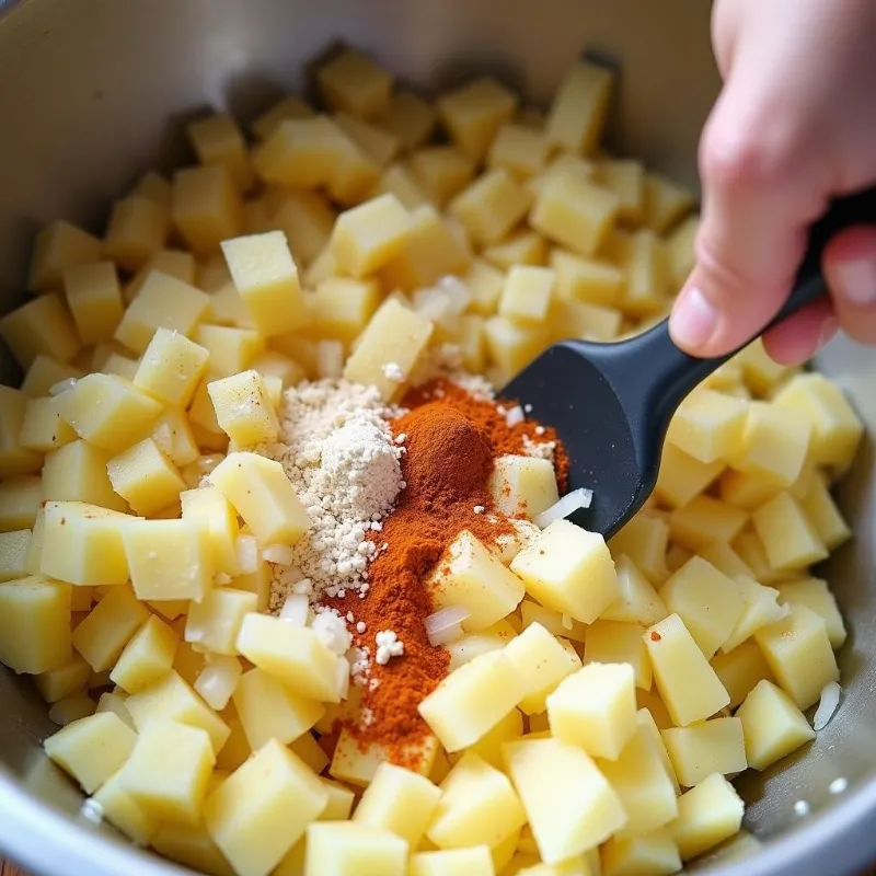 Hands mixing vegan hash brown mixture in a bowl