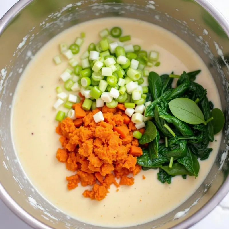 Close-up shot of hands gently folding chopped vegetables into a bowl of light batter