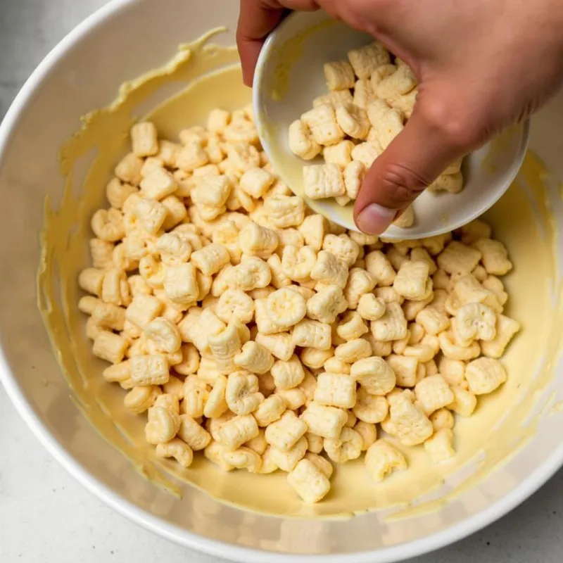 A large bowl filled with crispy rice cereal being gently mixed with melted vegan marshmallows