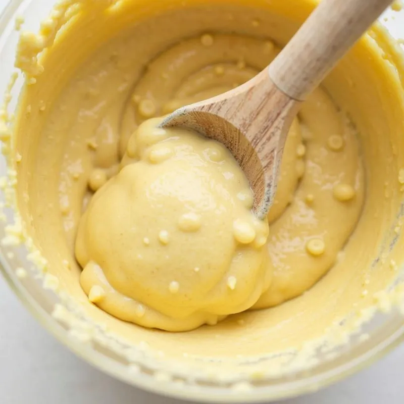 Close-up of a mixing bowl with batter for vegan lemon poppy seed muffins