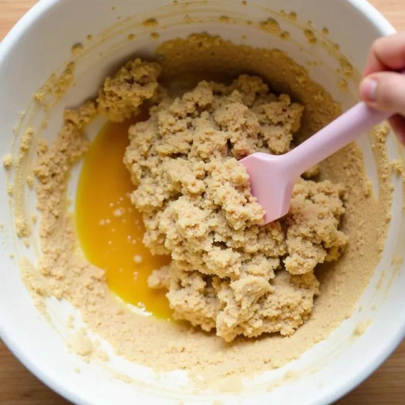 A person mixing the dough for vegan oatmeal cream pies in a bowl.