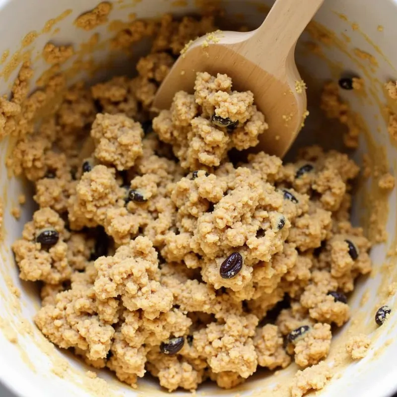 A large mixing bowl filled with vegan oatmeal raisin cookie dough.