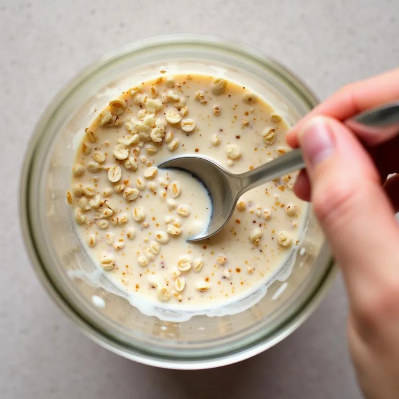 A person is mixing the ingredients for vegan overnight oats in a jar.