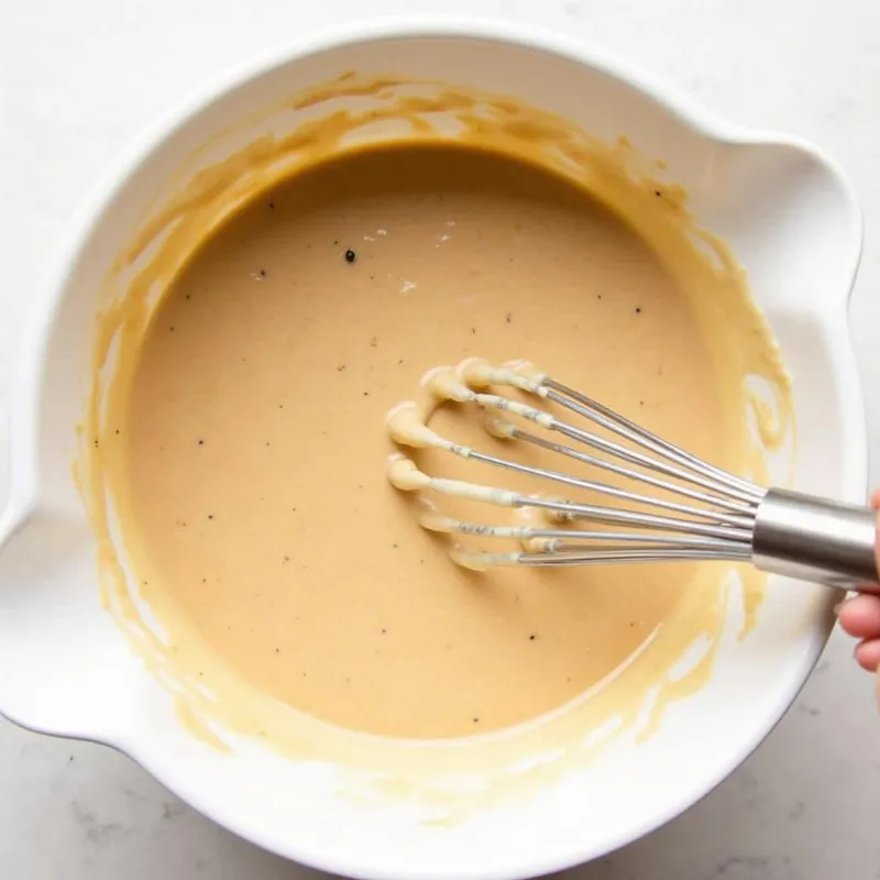 Vegan pancake batter in a bowl with a whisk.