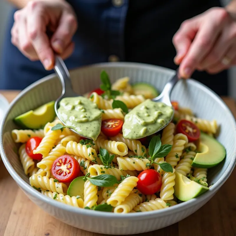 Hands tossing vegan pasta salad in a large bowl