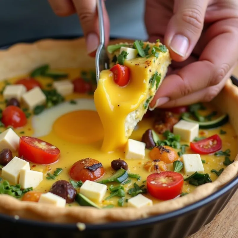 Hands mixing vegan quiche filling in a bowl