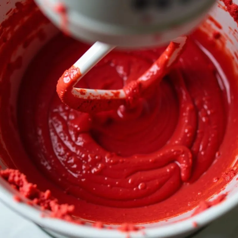 Close-up Shot of Vegan Red Velvet Cookie Dough Being Mixed in a Stand Mixer