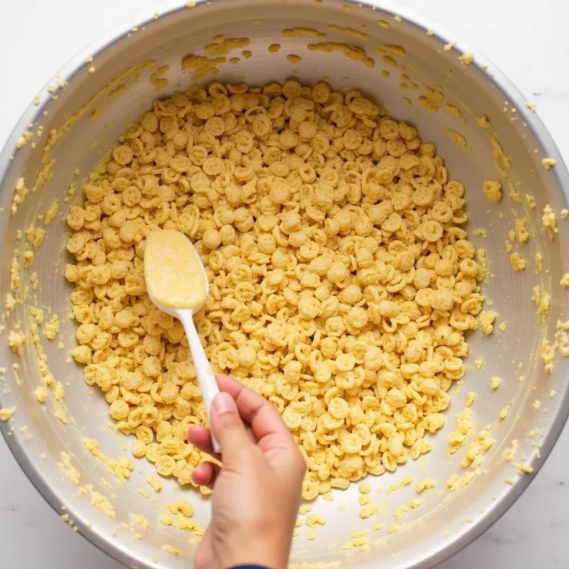 Mixing vegan rice crispy treat mixture