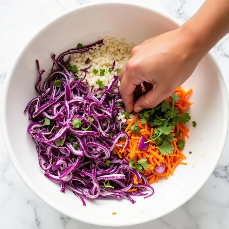 vegan slaw being tossed together in a bowl