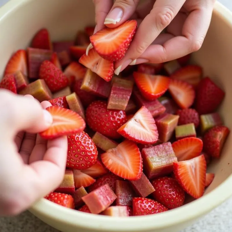 Hands mixing strawberries and rhubarb with sugar and other ingredients in a bowl.