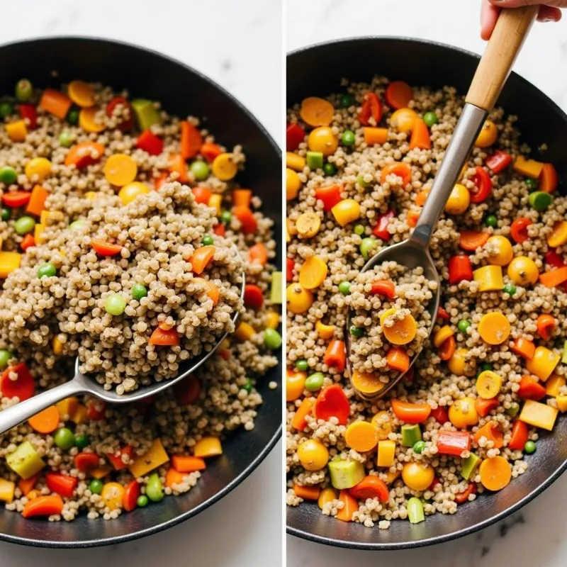 The cooked lentils are being combined with the sauteed vegetables in a large bowl, showcasing the preparation of the flavorful vegan filling.