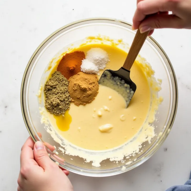 Mixing vegan tartar sauce ingredients