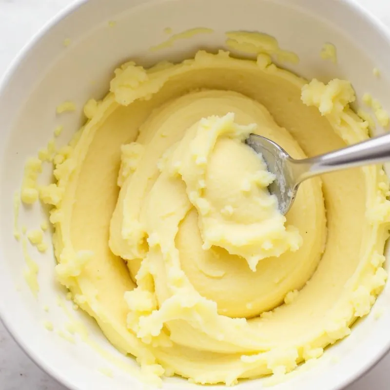 A bowl of mashed potato filling for vegan twice baked potatoes being mixed with a spoon