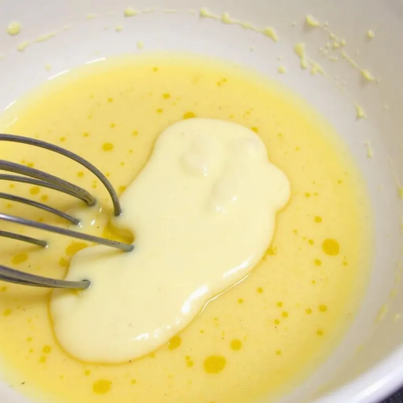 A bowl with wet ingredients being mixed together, showcasing the mashed banana and plant-based milk