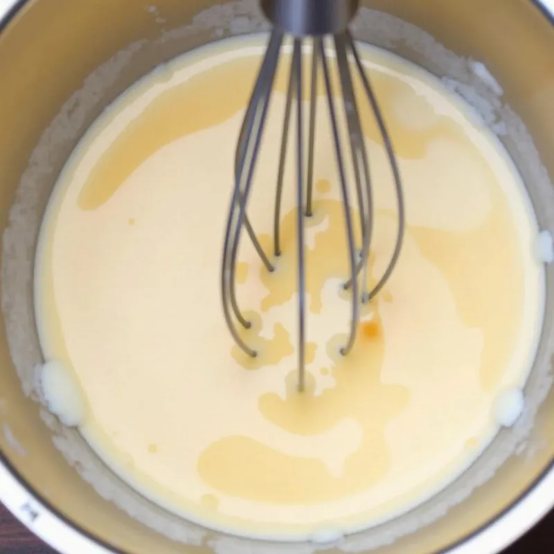 Whisking wet ingredients in a bowl for vegan blueberry muffins