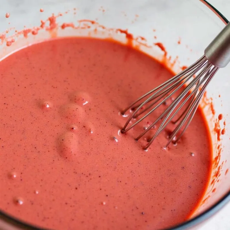 Mixing wet ingredients for vegan red velvet cake