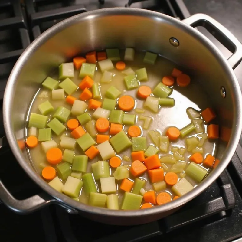 Olive oil and chopped vegetables in a pot