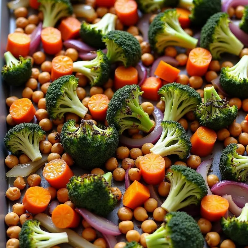 A sheet pan filled with roasted vegetables and chickpeas