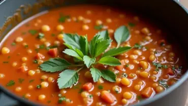 Vegan lentil soup in a pot