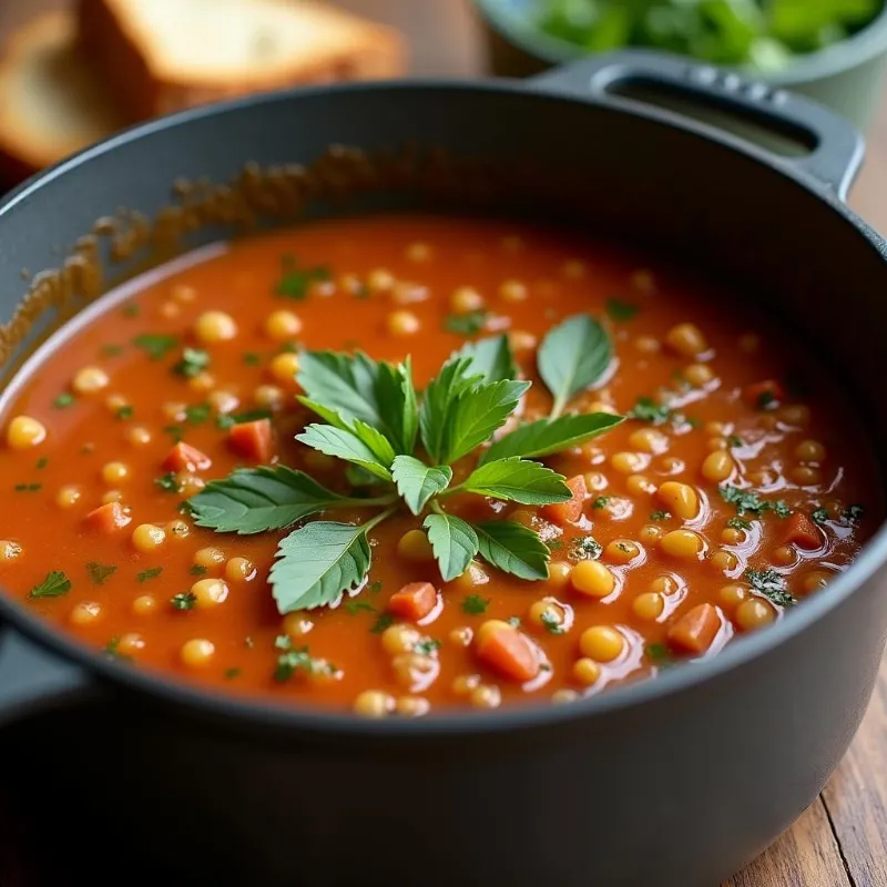 Vegan lentil soup in a pot