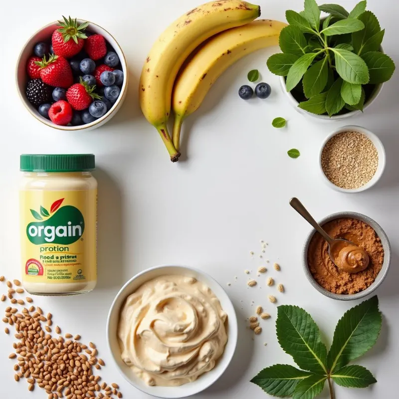 Assortment of ingredients for Orgain vegan protein shakes