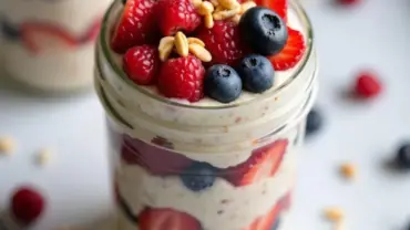 Overnight oats in a jar with fresh berries and chopped nuts