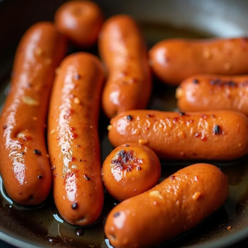 Close-up of crispy pan-fried Oscar Mayer Vegan Hot Dogs in a pan