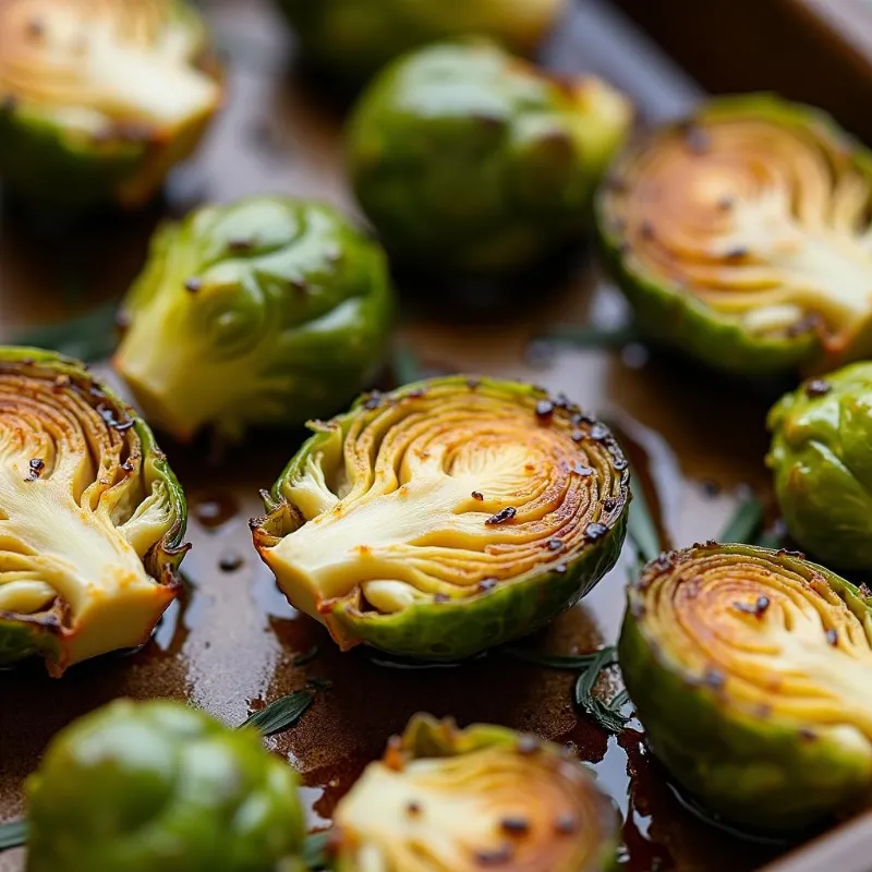 Crispy Maple Dijon Roasted Brussel Sprouts on Baking Sheet