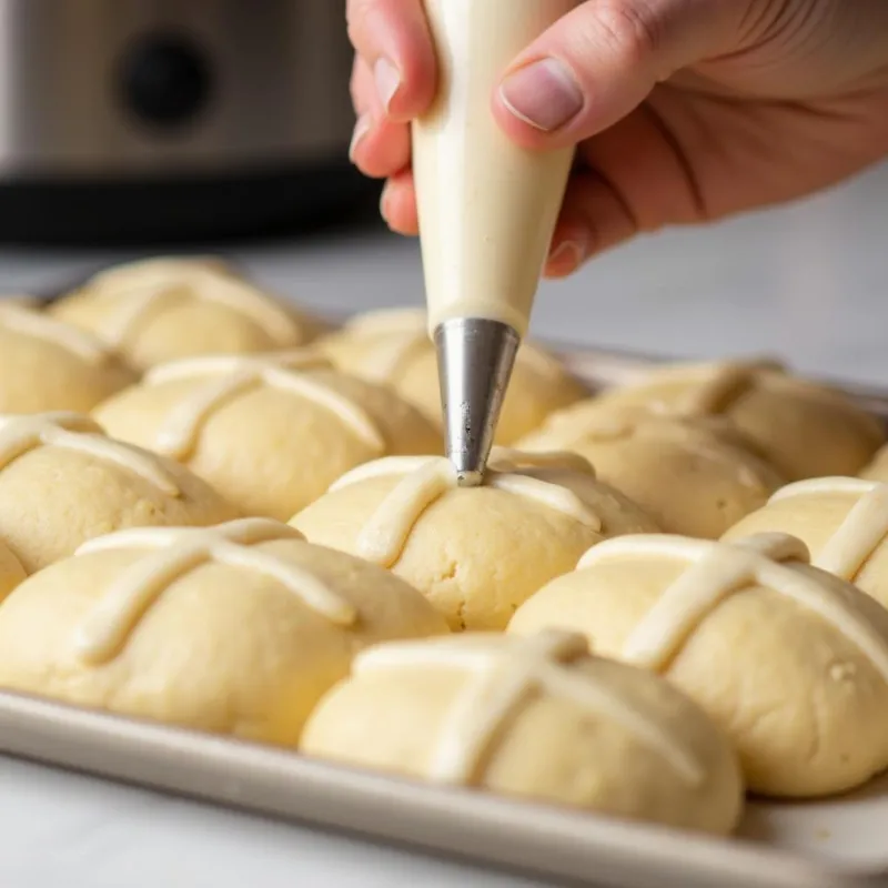 Piping crosses onto proofed buns.