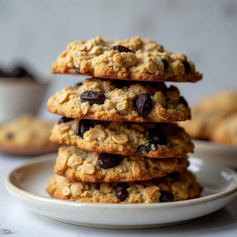 A plate of freshly baked vegan oatmeal raisin cookies.