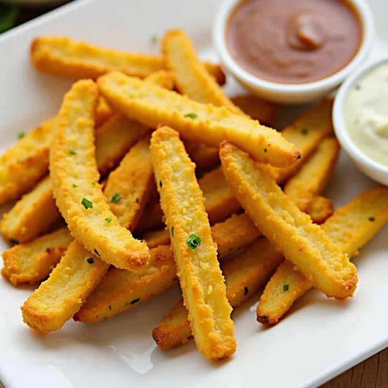 Plated crispy air-fried zucchini fries with dipping sauces