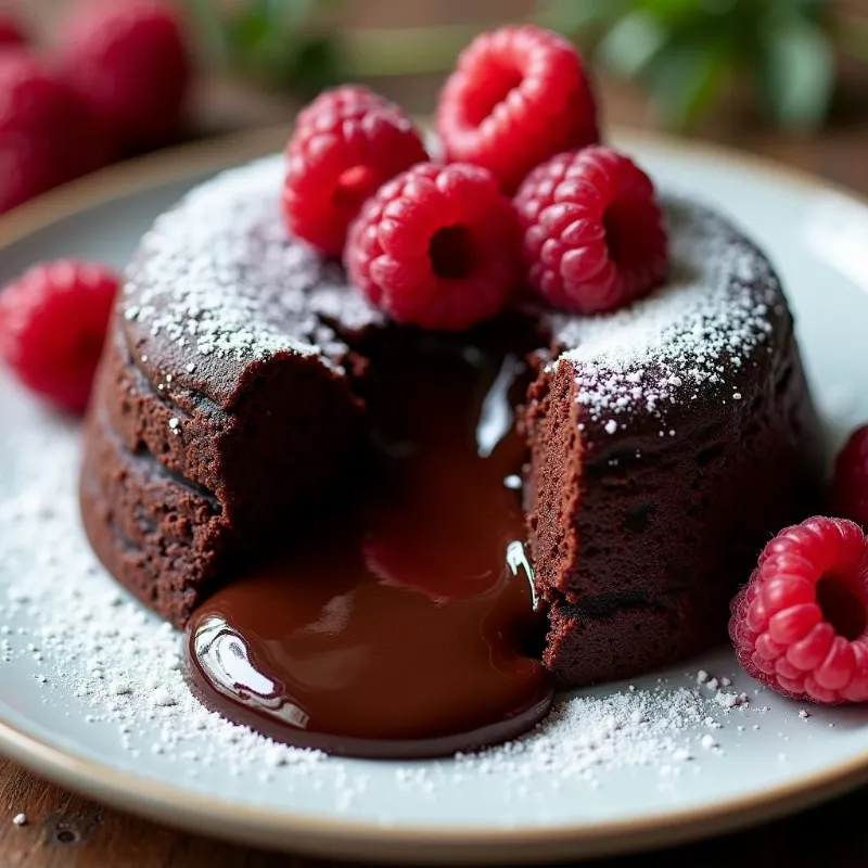 Plated vegan chocolate lava cake with fresh raspberries