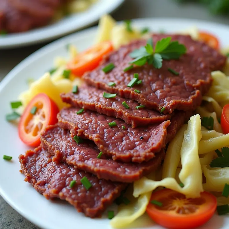  A plate of delicious vegan corned beef and cabbage ready to eat.