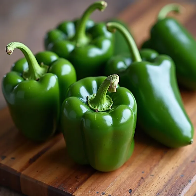 Four whole poblano peppers on a wooden cutting board