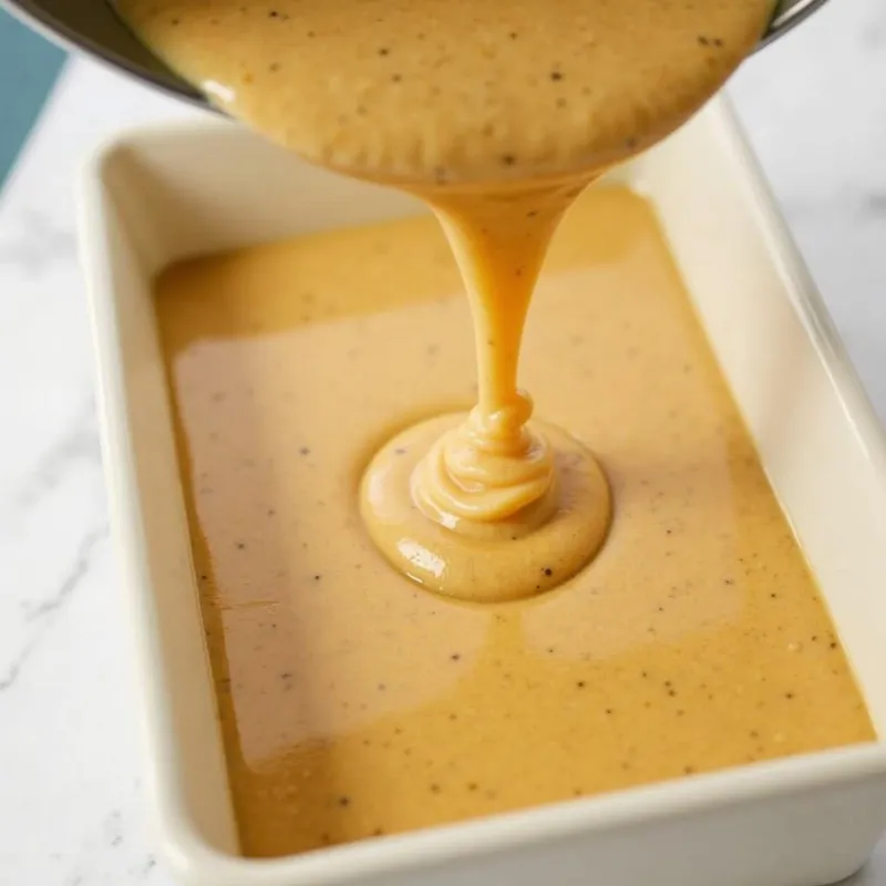 Pouring vegan banana bread batter into a loaf pan