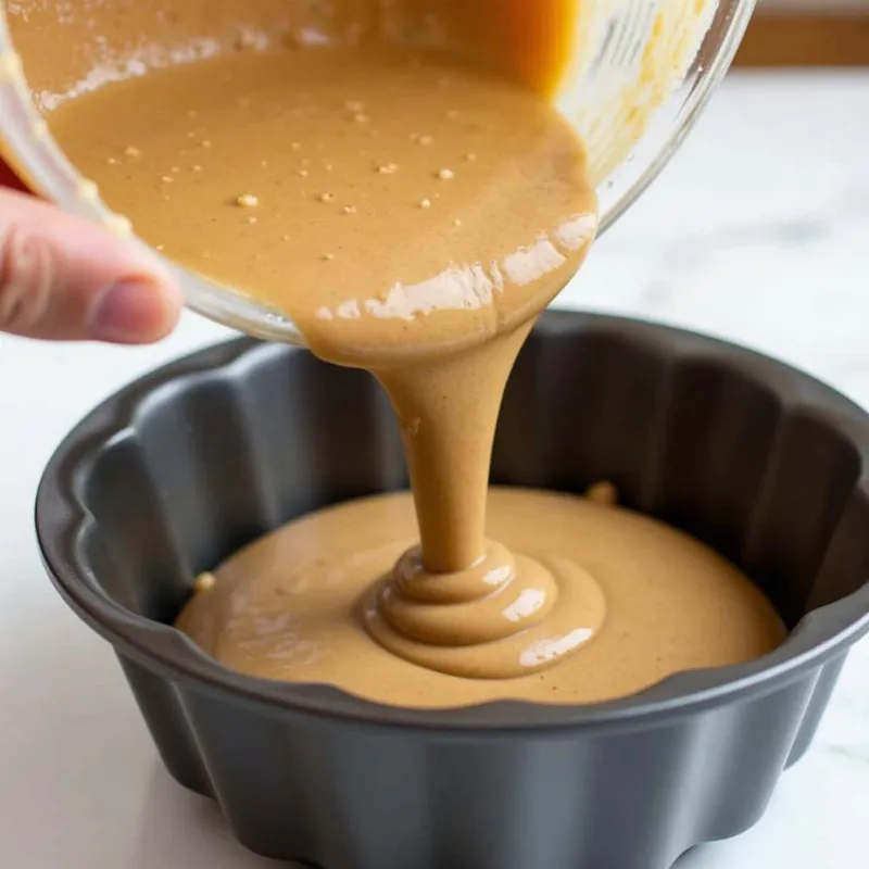 Pouring vegan apple oat bundt cake batter into a greased bundt pan