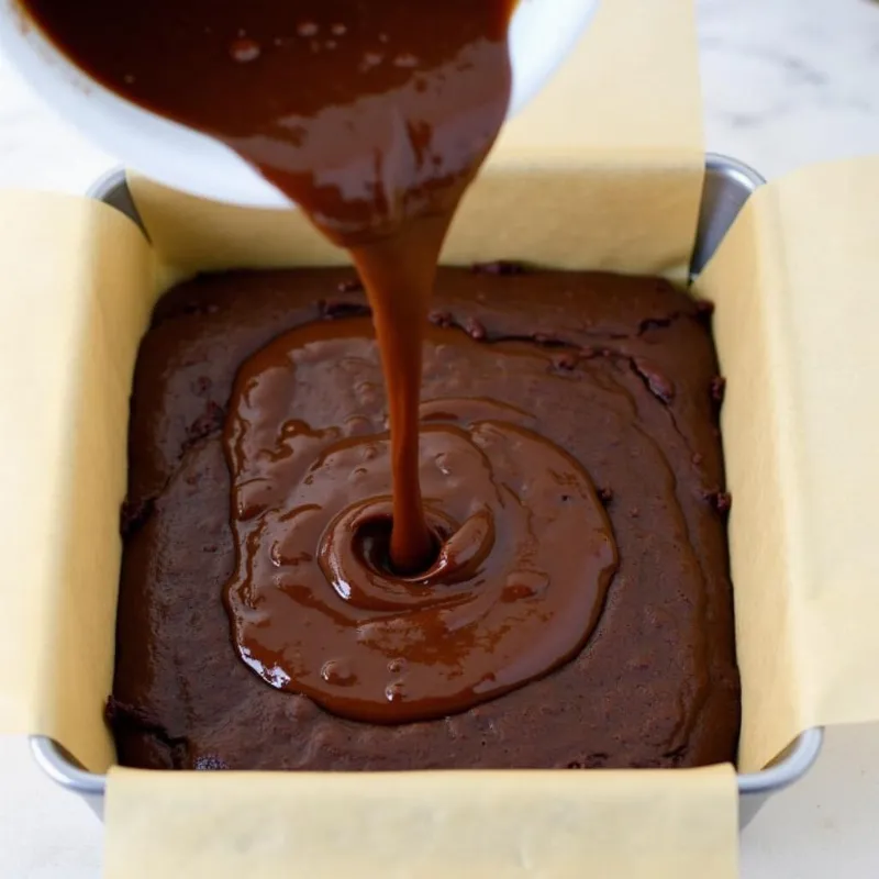 Pouring black bean vegan brownie batter into a baking pan