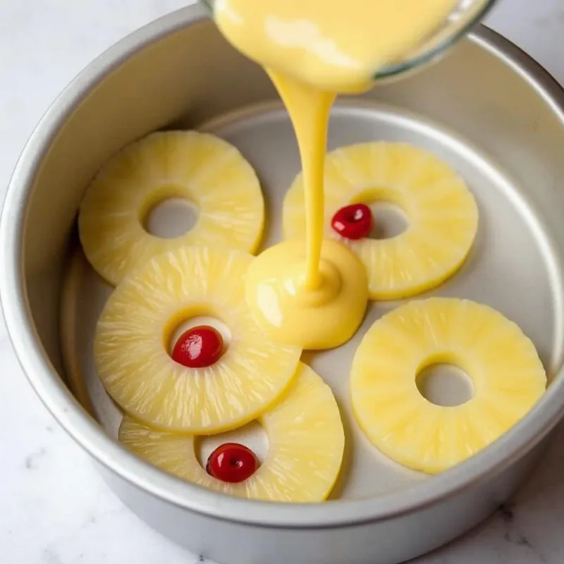 Pouring Cake Batter Over Pineapple Topping