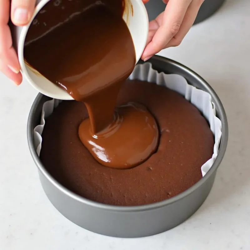 Pouring vegan chocolate cake batter into a prepared pan