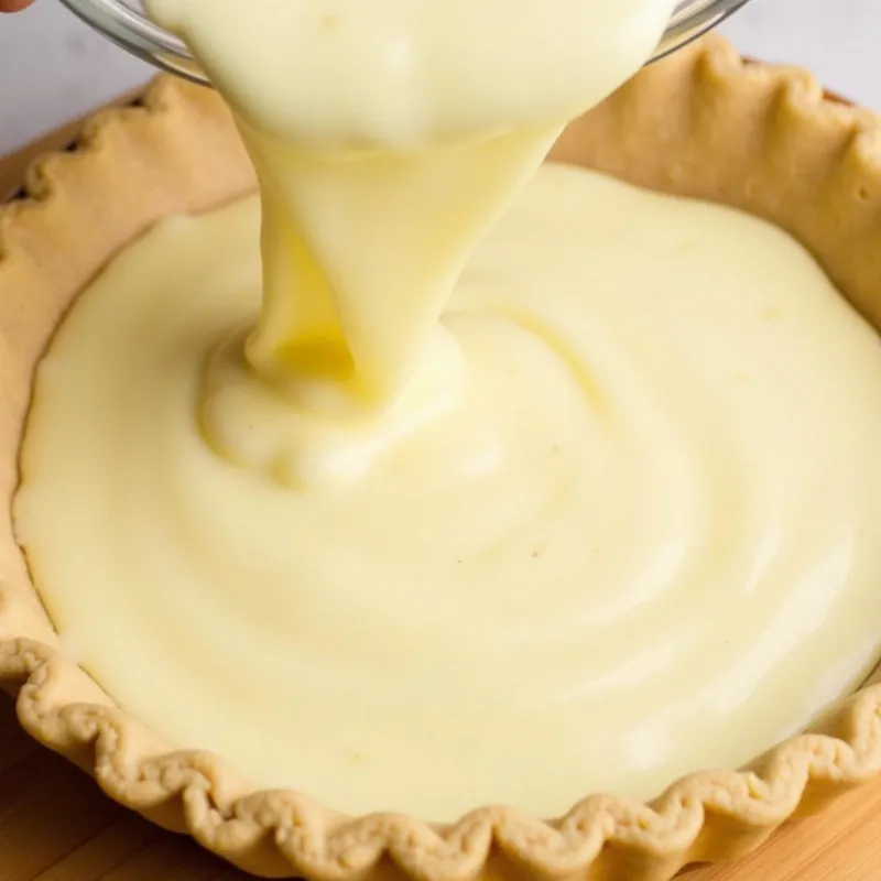 Pouring Coconut Custard Filling into Pie Crust